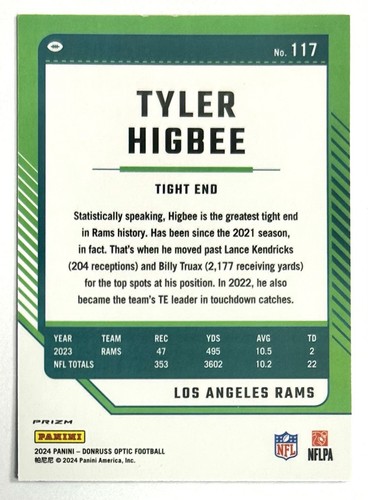 2024 Optic Tyler Higbee Stars Prizm Refractor SP #117 Rams Hilltoppers NFL Raro - Imagen 4 de 12