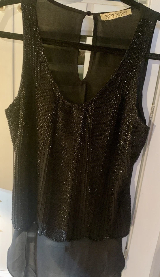 WOW Couture Etiqueta Dorada Forrado Negro Cuentas Elegante Top Talla Med Foto 3 de 4