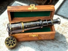 Antique Brass Spyglass Telescope w/ Compass Wooden Box Nautical Pirate Gift
