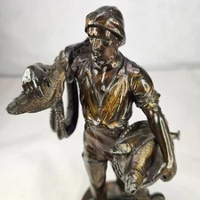 Vintage Bronze Fisherman Statue with Fish and Duck on Anchor Base