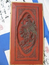 VTG Chinese Hand Carved Red Lacquer Wood Panel Bird In Relief @1900-1950 (#15)