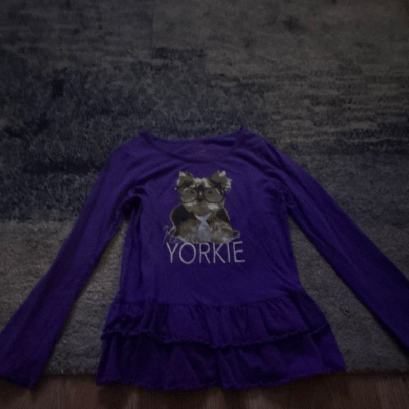 Faded Glory Girls M Purple Cotton Long Sleeve Yorkie Dog Graphic Ruffle Tee