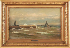 Christian Vigilius Blache (1838-1920) Meerküsten Leuchtturm mit Schiff Ölgemälde