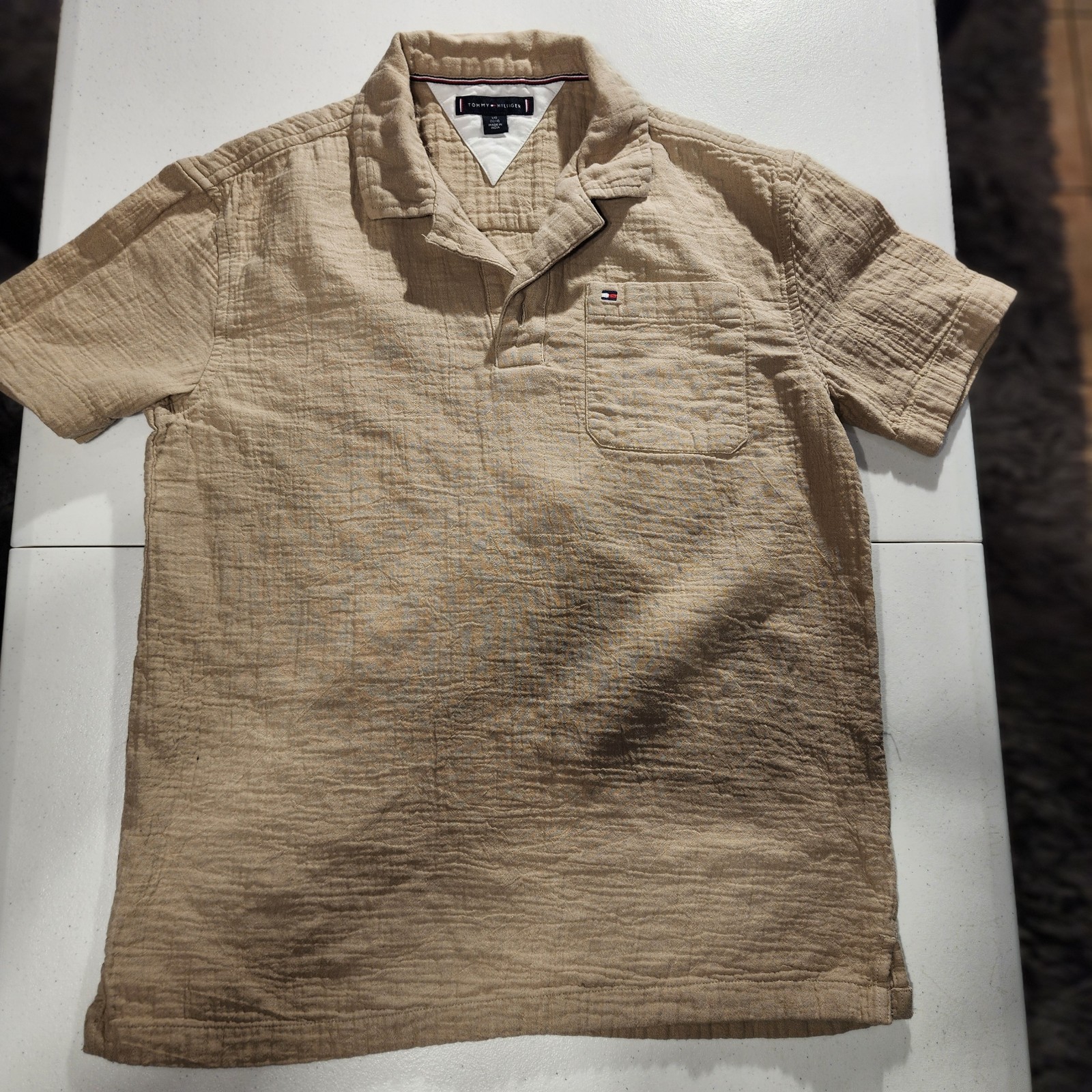 Tommy Hilfiger Boys Beige Casual Shirt L/G (12-14) Short Sleeve 100% Cotton Logo