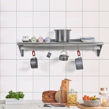 Stainless Steel Shelf with 6 Hooks 12x36" Wall Mounted Rack for Pots and Pans