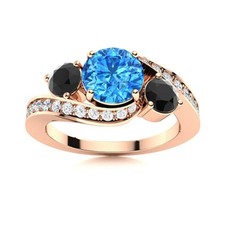 Swiss Blue Topaz  Black Spienl Round 925 Silver Rose Plated Three Stone Ring