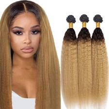  1B27 Y Kinky Straight Human Hair Bundles 26 28 30 Inch Blonde Extensions