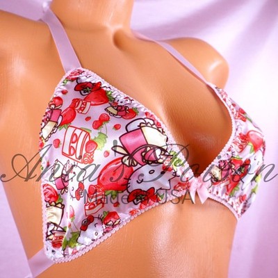 Valentine's SATIN Triangle Bra Cat Strawberry lined tie up unisex Halter Bra