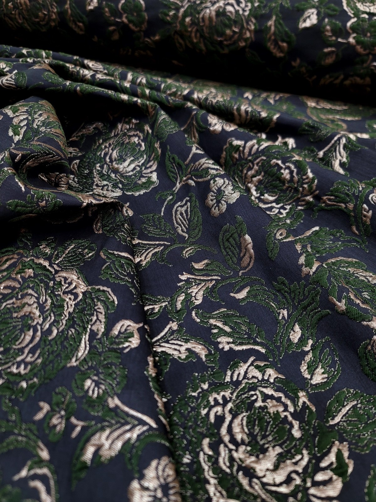 BLACK Metallic Gold Green Floral Brocade Fabric By The Yard Dress Upholstery