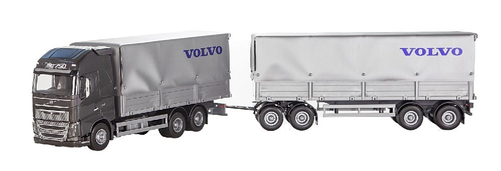 Camion EMEK VOLVO FH16 750 noir 6x4 miniature 1:18 avec remorque bâchée à 4 essieux