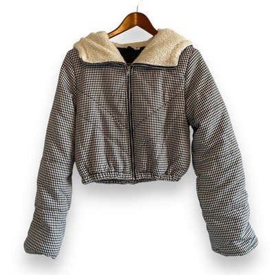 Princess Polly Gingham Cropped Puffer Jacket Sherpa Hood Black White M/L