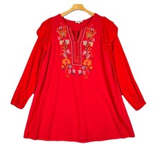 Umgee Mixed Media Floral Embroidered Dress Red Pink Size S Boho Festival Peasant
