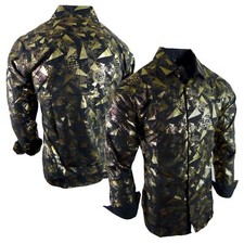 Mens Black Shirt Shiny Gold Foil Confetti Prints Stretch Button Up Casual Dress