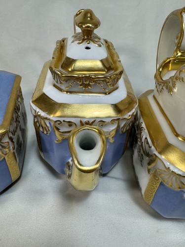 19thc. Old Paris Porcelain Style Blue & Gold 8-Pc TEA SET for TWO w/Landscape - Picture 8 of 18