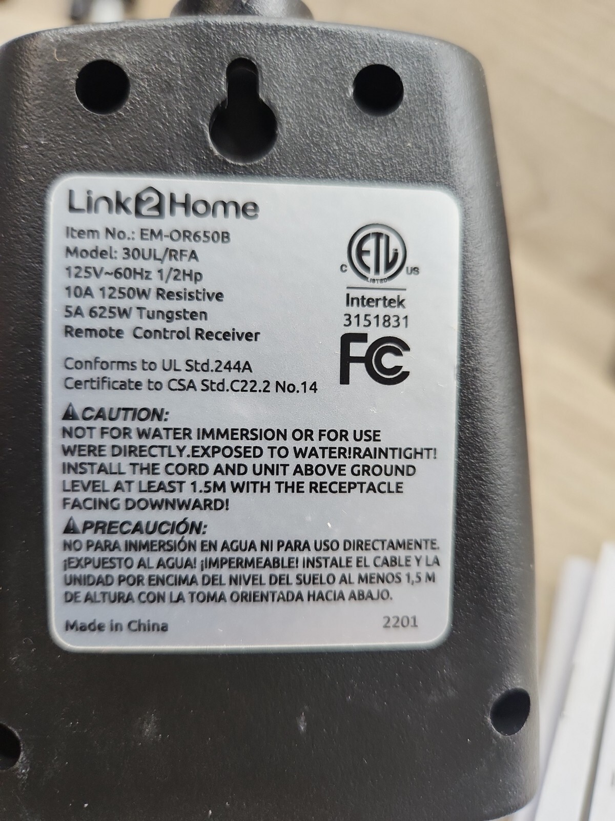 Link2Home 15 Amp Wireless Outdoor Remote Control Outlet Switch - 1 RCV, Black