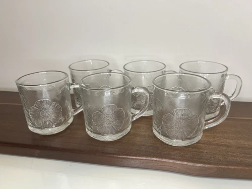 KIG Indonesia Vintage Clear Glass Coffee Mugs with Embossed Hibiscus Set Of 6