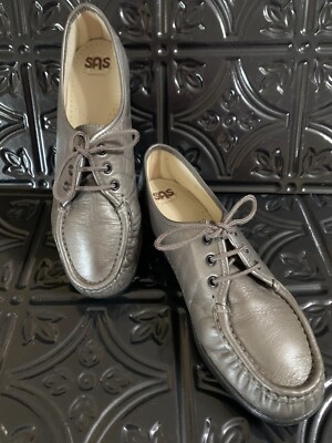 pewter metallic dress shoes SAS Siesta Lace Up Loafer Pewter Metallic Leather Comfort Women's Shoes 9N  USA