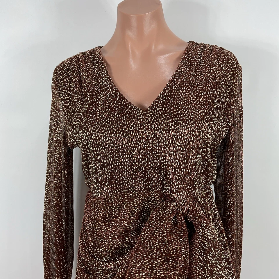 Top acanalado metálico Nicole Miller New York manga larga nailon dorado lazo borgoña Foto 3 de 4