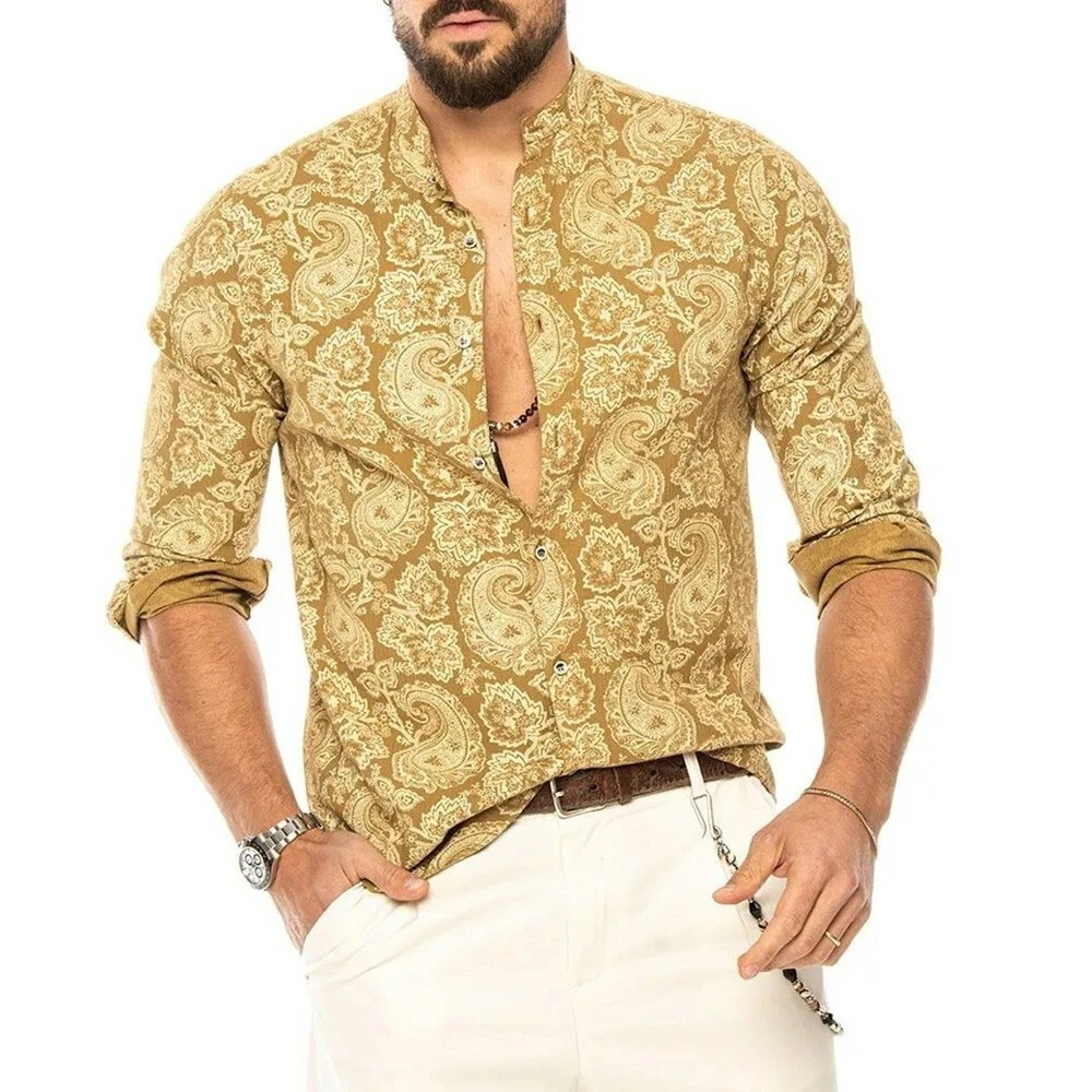 Mens Floral Long Sleeve Shirts Casual Slim Fit T-Shirt Tops Button Down Blouse