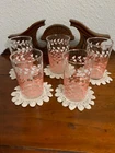 Vintage 5 Federal Glass 5 oz Juice  Pink Basket Weave White Ivy