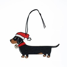 Wooden Black  Tan Smooth Dachshund in Santa Hat  Bell Christmas Ornament NWT