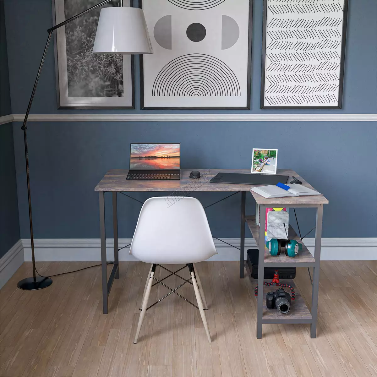 Office L shaped Corner Laptop Pc Computer Desk 3 tier Shelf Wood Surface Brown