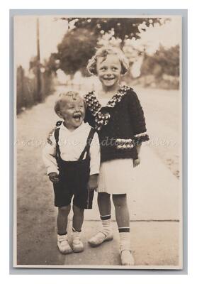 2 Happy Children - Portrait Girl & Boy - Vintage Photo 1930s