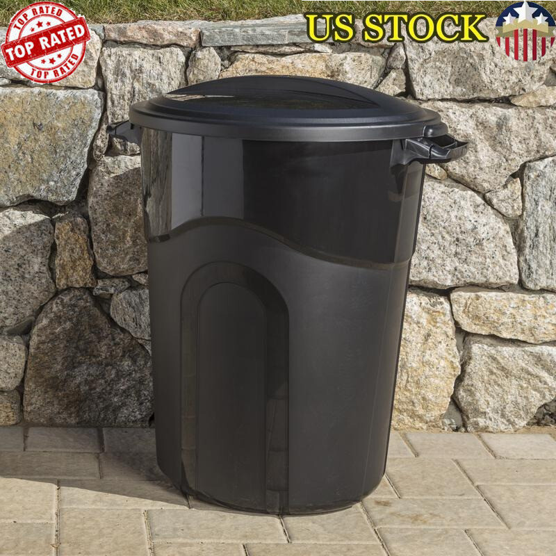 32 Gallon Heavy Duty Plastic Garbage Can W/ Click Lock Lid Indoor Outdoor Black