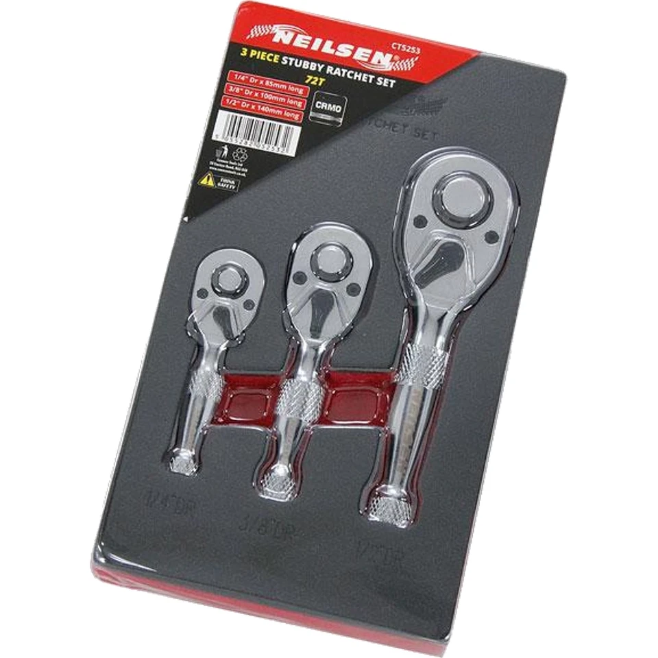 Neilsen Stubby Socket Ratchet Handle Set 1/4" 3/8" 1/2" 72T Set In EVA Foam 3pc - Image 2 of 4