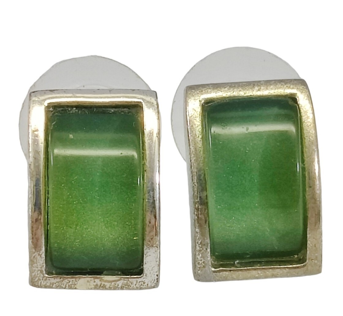 Silver Tone Earrings Stud Rectangle Cabochon Gree… - image 12