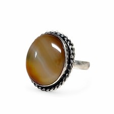 Lady's Silver Tone Orange Banded Agate Ring Size 8.25 Ornate Handcrafted