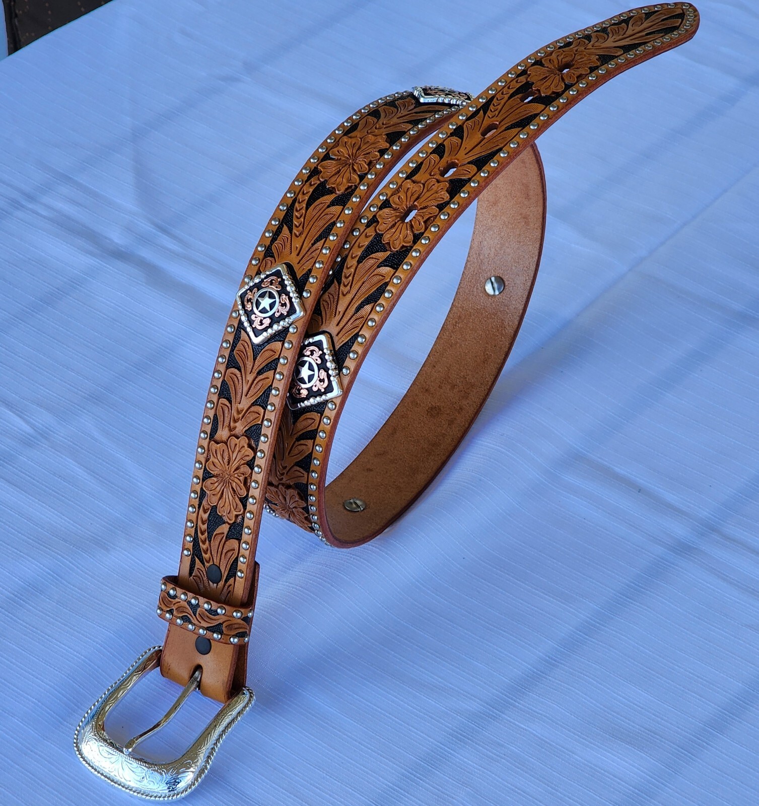 Western Leather Belt Tooled Floral Saddle Tan Ranger Rodeo Studded Size 34