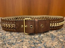 Prada Brown Leather Wide Belt with Large Gold Buckle Sz 34/85