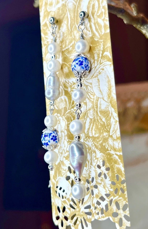 Asymmetric Gen Z Cultured Cream Silver Dangling Pearl Earrings - Image 2 of 4