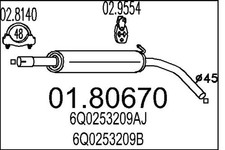 MTS Mittelschalldämpfer 01.80670 für VW POLO FABIA SKODA 6Y5 4 9A4 9A2 9N2 9A6 1