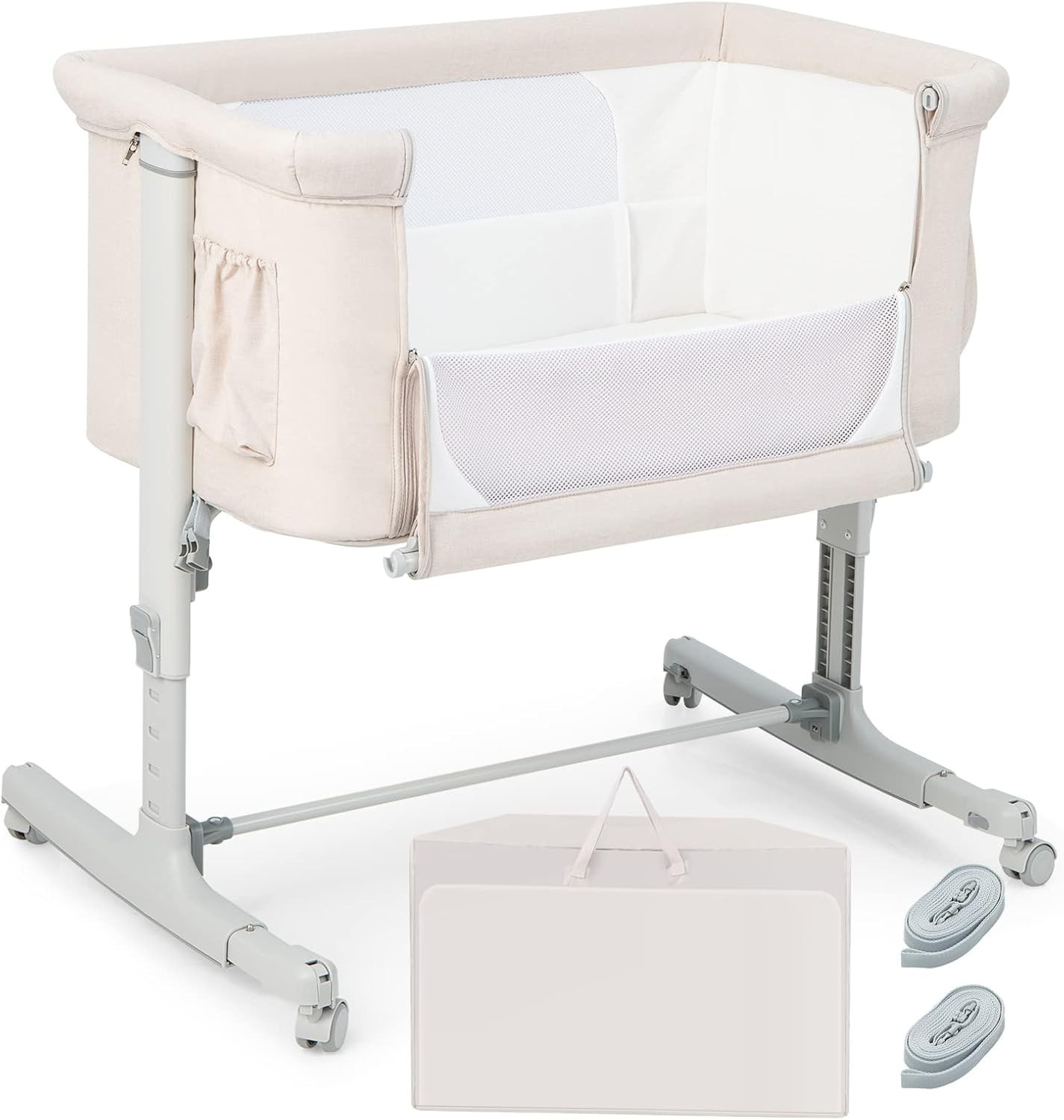 3in1 Baby Bassinet Bedside Crib Co-Sleeper Cot with Mattress & Wheels Beige