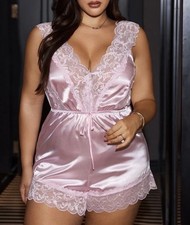 New PLUS 4XL Glossy Pink Satin & Lace Cami Styl BODYSUIT TEDDY Playsuit Romper