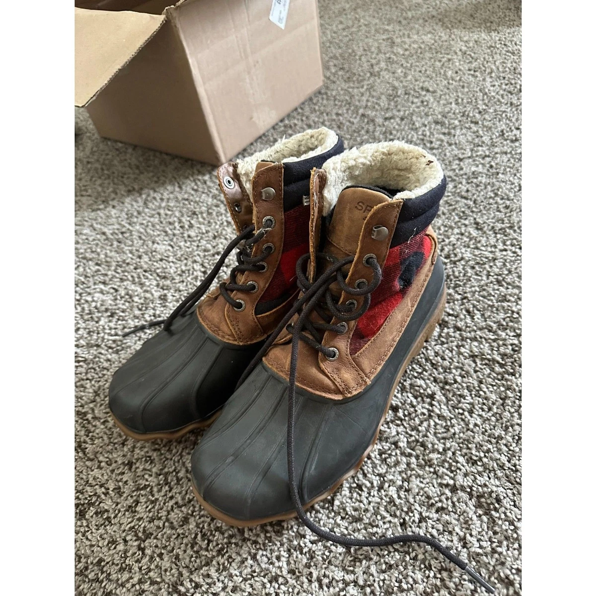 Sperry Decoy Duck Boots Mens 10.5 Black Brown Red Plaid Shearling Waterproof Men main image 2
