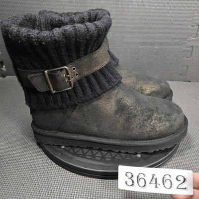 UGG Boots Womens Size 8 Black Suede Knit Cuff Shearling Ankle Booties Buckle