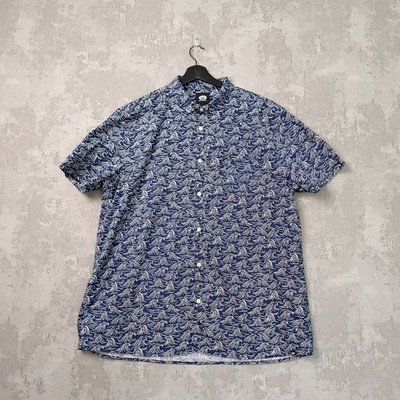 Animal Baumwollhemd Herren XXL Regular Fit Blau Wellenmuster Kurzarm Knopf