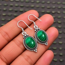 Malachite Statement Earrings 925 Sterling Silver Oval Cabochon Dangle Handmade