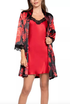 Linea Donatella Women's 2-Piece Sofi Rose Sleeveless Chemise and Wrapper Set NWT