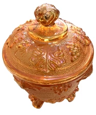 Jeanette Glass Footed Covered Candy Dish Marigold Grapes & Leaves