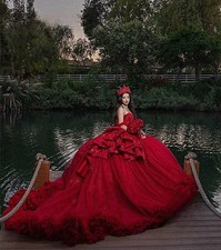 Red Bow Ruffles Quinceanera Dresses Beads Applique Tulle Ruched Train Ball Gown