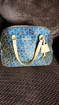 Calvin Klein Blue Beige Logo Satchel Bag with Detachable Strap and Clochette
