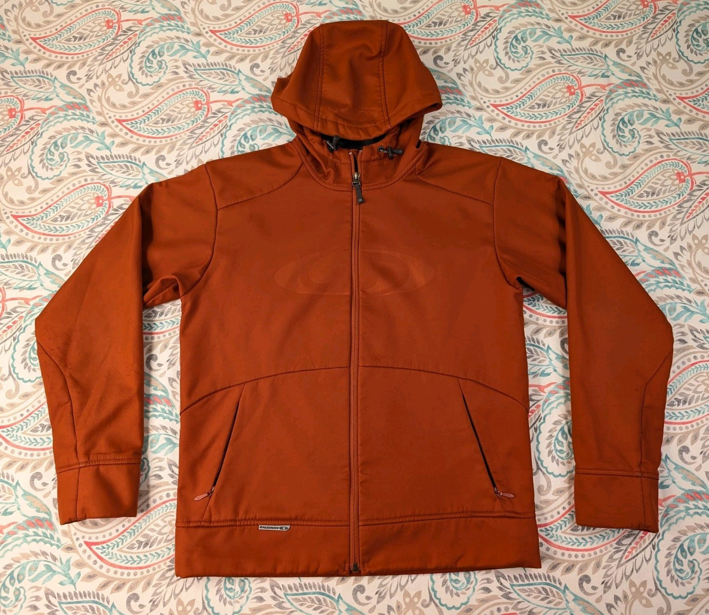 Y2K Salomon Giacca Adulto Medio Arancione Soft Shell Logo Centrale Full Zip con Cappuccio