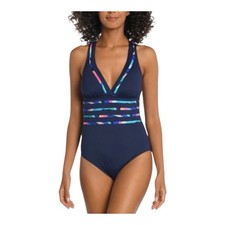 La Blanca Painted Cross Back One Piece Swimsuit Size 14 Blue Tummy Control NWT