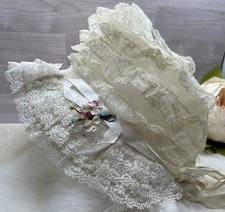 Lace Ruffle Baby Bonnet Tie Ribbon Off White Layered Trim Vintage