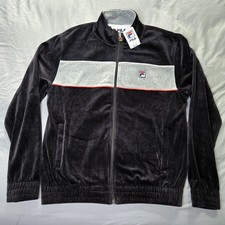 NWT FILA Track Jacket Velour Mens S Black Red Zip Retro Stripe Logo Athletic
