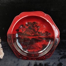 Royal Doulton Flambe Noke Bowl Red Scenic Transferware Dish, England chipped